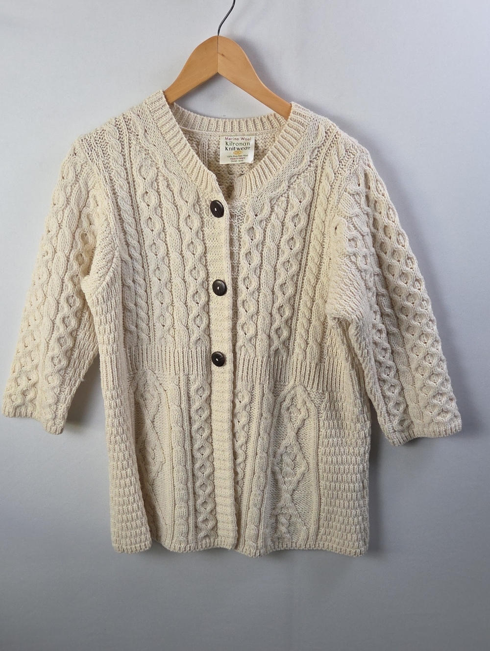 Kilronan Knitwear Ivory Merino Wool Cable-Knit Button Cardigan Sweater Sz S - Picture 2 of 10